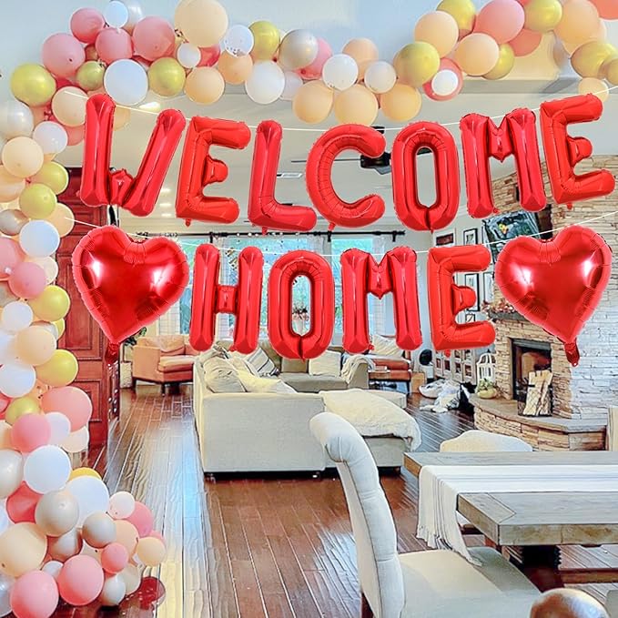TONIFUL Welcome Home Balloons,16 Inch Red Welcome Home Foil Balloons Banner Welcome Home Party Decorations for Homecoming Party Decorations House Warming Party Family Gathering Supplies