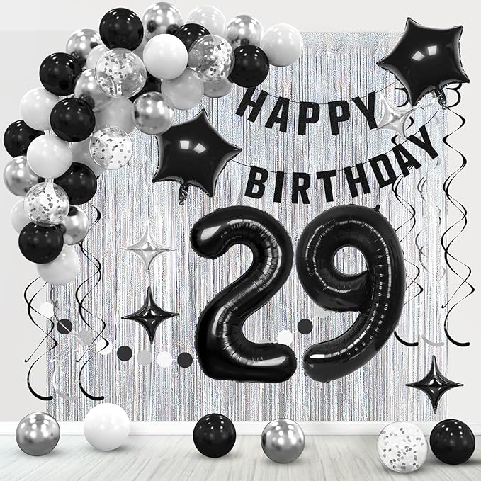 29th Birthday Decorations for Men Women- Black Silver Happy 29th Birthday Party Decor With Banner Backdrop,Number 29 Foil Balloon -Black White Balloons Garland Arch Kit for 29 Years Old
