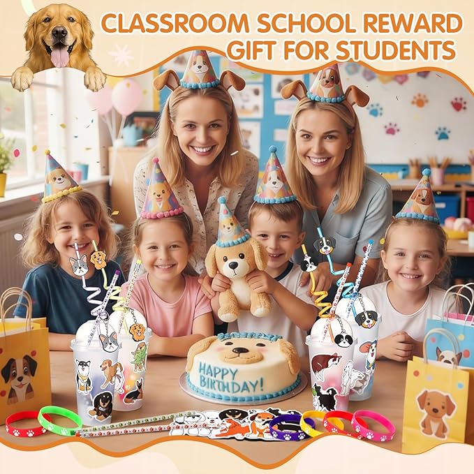 194 Pcs Dog Party Favors Goody Cup Fillers, Dog Birthday Party Decorations Straws Keychains Pencils Bracelets for 100th Day of School Puppy Parties Supplies, Goodie Bag Supplies