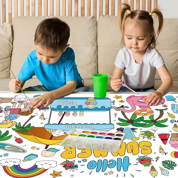 OHOME Summer Giant Coloring Poster/Tablecloth - Summer Decorations - 30 x 72 Inches Jumbo Paper Coloring Banner - Kids Crafts Gifts Toys Games Ice Cream Party Decorations - Arts Crafts Supplies