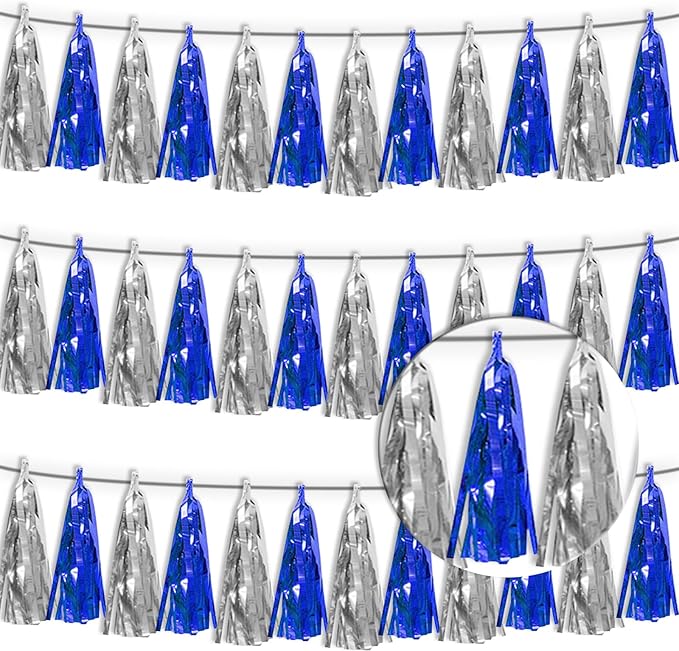 3P Navy-Blue Silver Metallic Fringe Tassel Banner Garland Foil Tinsel Streamer Wall Hanging Curtain Backdrop Banner for Parade Floats, Graduation Bridal/Baby Shower Retirement Party Decorations