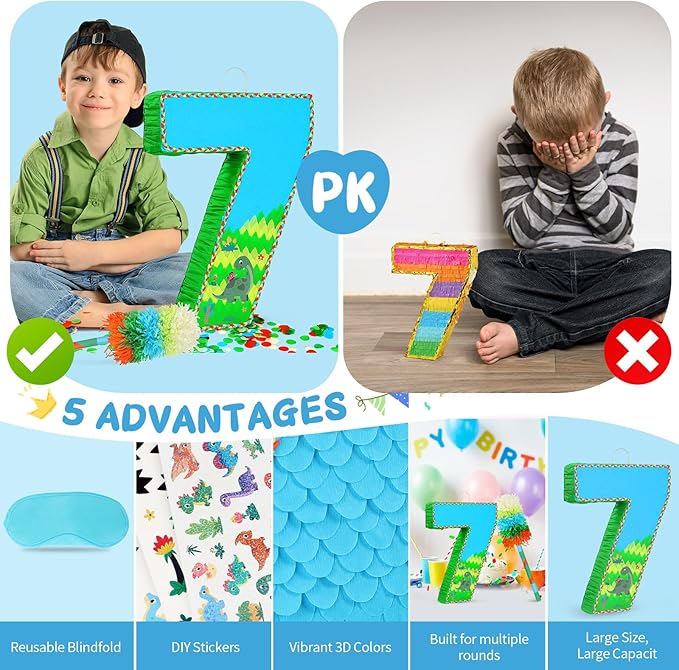 Number 7 Pinata for Birthday Party Decorations, Jungle Dinosaur Piñata Games Toy (7th)