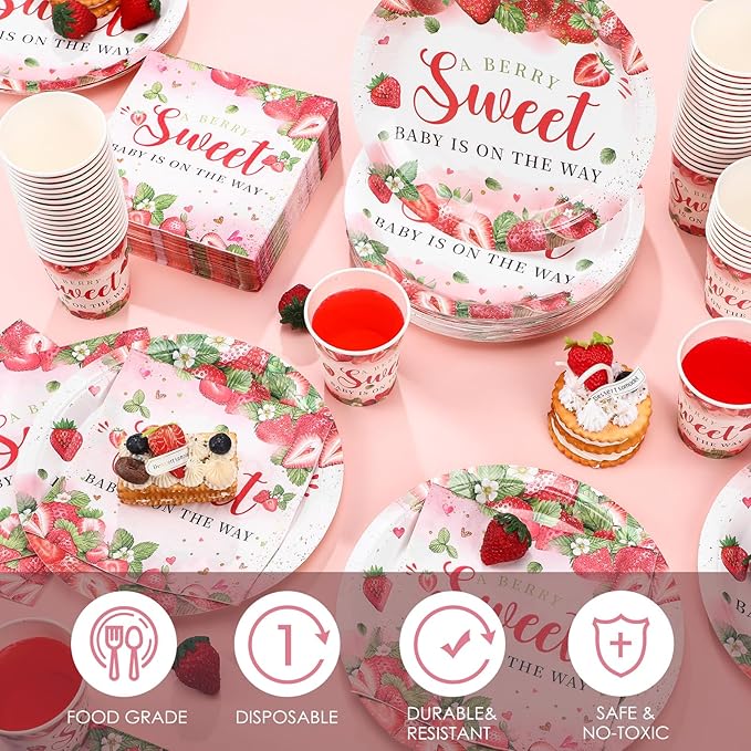 Hushee 200 Pcs Strawberry Baby Shower Paper Plates Napkins Cups Baby Shower Party Supplies Tableware Set a Berry Sweet Baby Is on the Way Disposable Plates for 50 Guest Girls Spring Summer Party