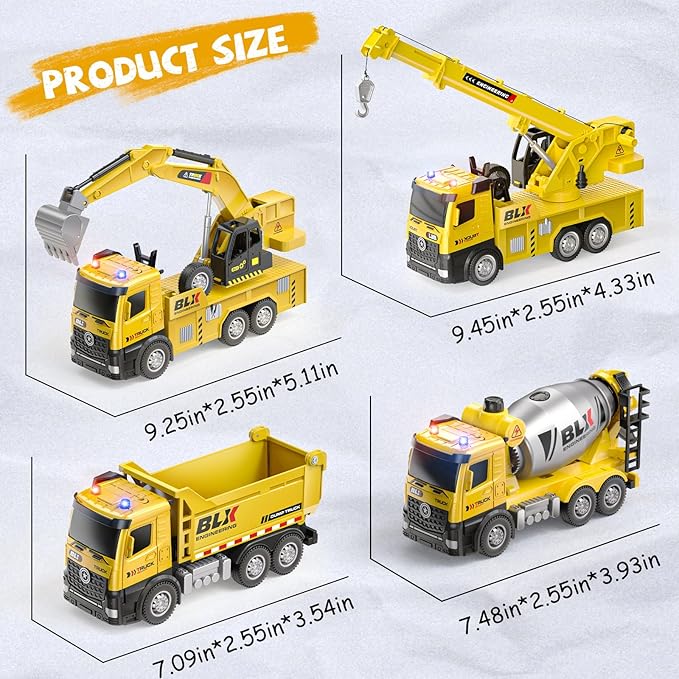 4 Pcs Alloy Construction Truck Toys for 2 3 4 5 Year Old Boys, 9" Construction Vehicles with Light & Sound, Truck Toys for 1 2 3 Year Old Boys, Ideas 2 3 4 5 Year Old Boy Birthday Gifts