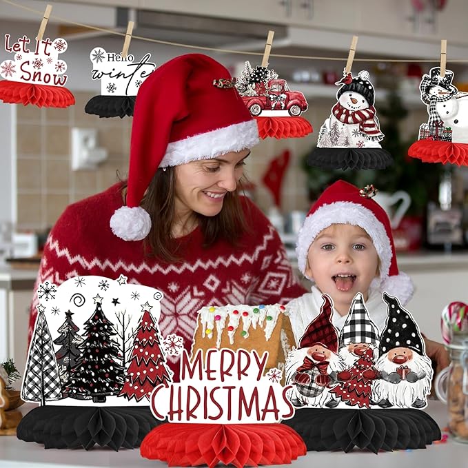 Horaldaily 9PCS Christmas Party Table Decoration Centerpieces, Merry Christmas Snowman Gnome Truck Honeycomb Centerpieces Table Toppers for Christmas Themed Birthday Party