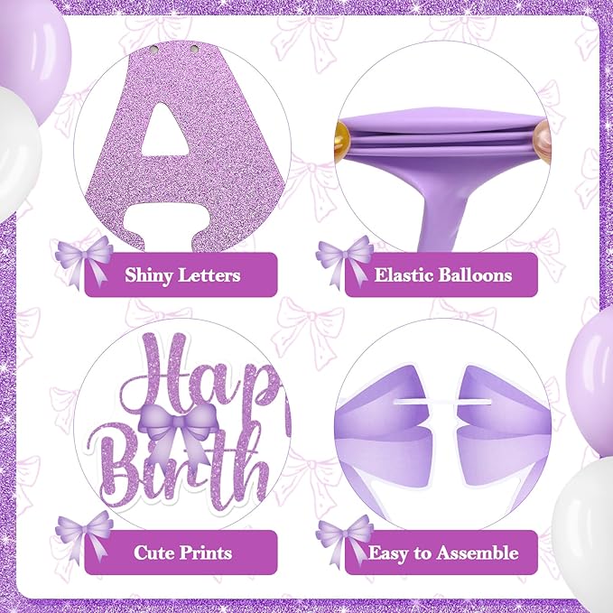 Purple Bow Birthday Party Decorations Bow Happy Birthday Banner Purple White Balloons Cake and Cupcake Toppers for Girls Women Coquette Bday Baby Shower Party Supplies