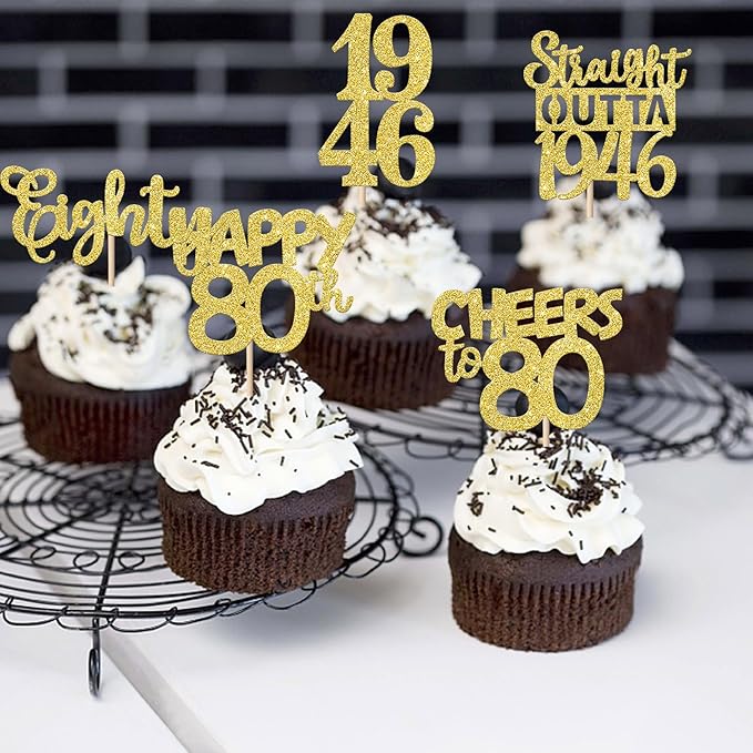 30PCS Happy 80th Birthday Cupcake Toppers Gold Glitter Eighty Straight Outta 1946 Cupcake Picks 80 Fabulous Cake Decorations for 80th Birthday Anniversary Party Decoration Supplies