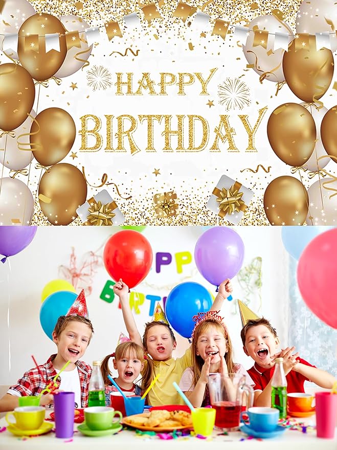 Gold Birthday Party Decoration - Happy Birthday Backdrop & Photo Background Banner Poster - 70.8 x 47.2 Inch