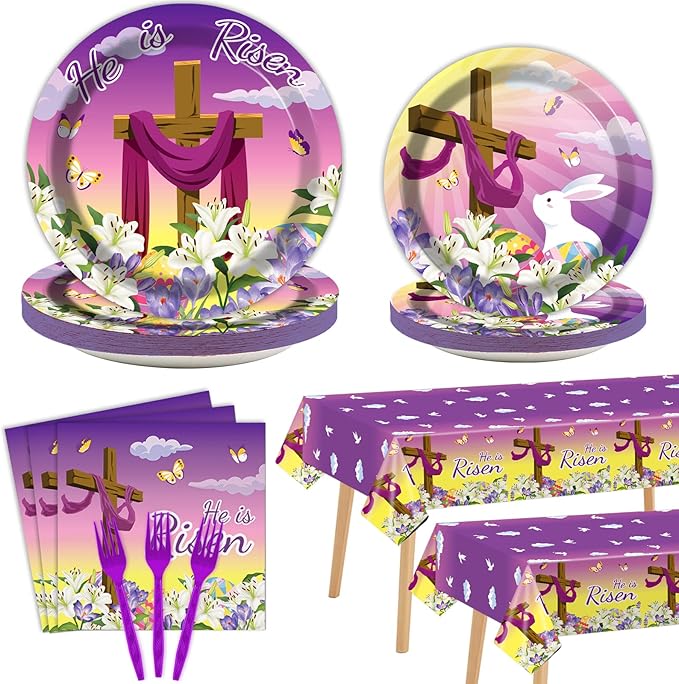 98 Pieces He is Risen Easter Party Decorations Easter He is Risen Tableware Set Religious Plates Napkins Tablecloth Christian Holiday Party Supplies Kit Tablecover Dinnerware Spring Favor