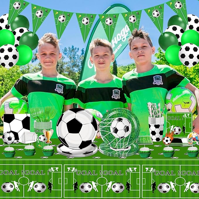 Soccer Party Plates Tableware Set Serves 24 Soccer Party Supplies Includes Banner Plates Cups Napkins Tablecloth for Soccer Sports Theme Birthday Supplies