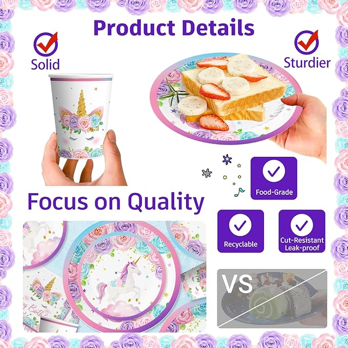 cocomigo 246PCS Unicorn Birthday Decorations Set, All-in-One Party Supplies Pack with 20 Plates, Purple Unicorn Party Supplies for Girl Birthday Party, Serves 20 Guests
