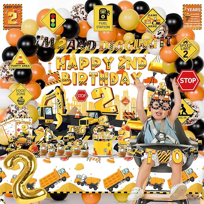 Mpanwen Construction Party Decorations for 2 Year Old Boy, 128Pcs Truck Construction 2nd Birthday Party Supplies for Baby Boys - Backdrop, Wall Signs, Tablecloth, Crown, Poster, Paper Glasses