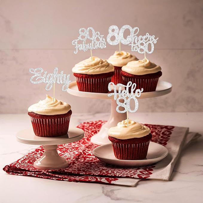 30Pcs Happy 80th Birthday Cupcake Toppers Eighty Cheers to 80 Years Old Birthday Cupcake Picks for Happy 80th Birthday Anniversary Party Cake Decorations Silver Glitter