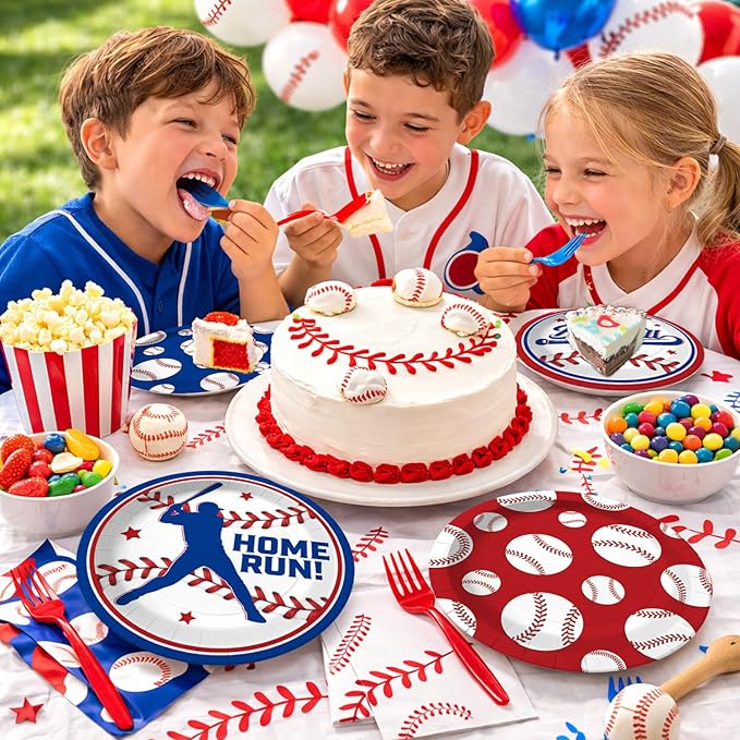 96 Pcs Baseball Plates and Napkins Tableware Set (Serve 24), Baseball Birthday Party Decorations, Party Supplies Include Plates Napkins Plastic Forks for Party
