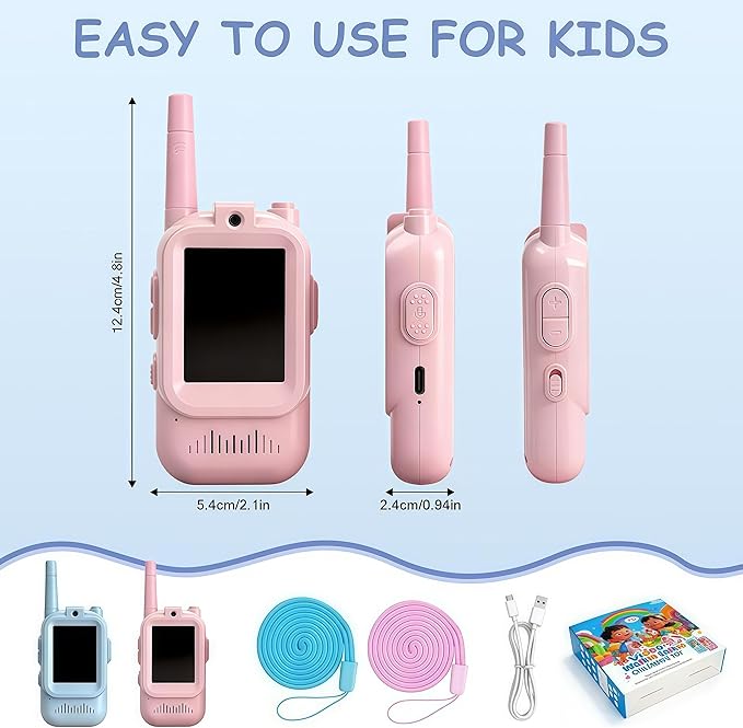 Kids Video Walkie Talkies for Kids Ages 3-5, 2 Pack Rechargeable Long Range Walkie Talkie with HD Camera Screen, Voice Changer Toy for Indoor Outdoor Adventure, Blue Pink
