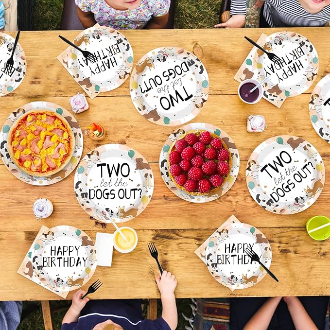 96Pcs Dog Theme 2nd Birthday Party Supplies puppy paw print Plates and Napkins Happy Birthday Tableware Set for Puppy 2 Year Old Kids Pet Lovers Animal Party Supplies Serves 24