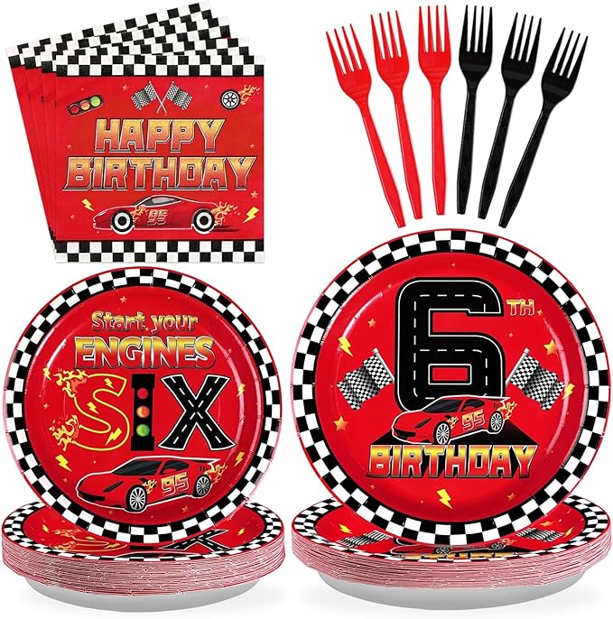 Grencian 96Pcs Race Car 6th Birthday Party Decorations Hot Car Checkered Plates and Napkins Racing Themed Disposable Tableware Set for 6 years old Boys Transportation Birthday Party Serve 24