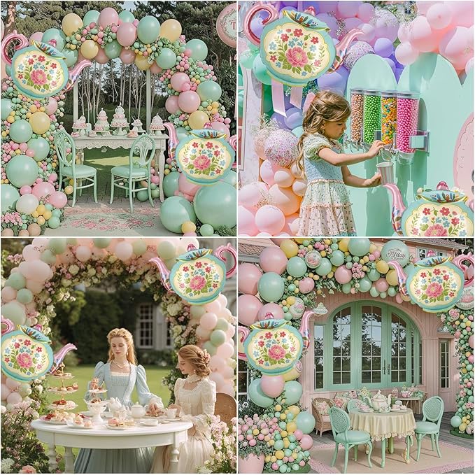4 Pcs Tea Party Balloons, 35" Huge Teapot Aluminum Foil Balloons for Birthday, Baby Shower, Wedding, Bridal, Engagement, Bachelorette, Princess, Let's Par Tea Garden Party Decorations Supplies