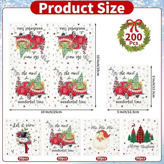 200 Pcs Christmas Cocktail Napkins, 5x5" Xmas Tree Santa Snowman Paper Napkins for Holiday, Winter & New Year Party