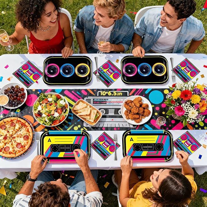 96Pcs 80s 90s Party Decorations Cassette Tape Plates and Napkins Retro Disco Music Themed Supplies Hip Hop Kpop Disposable Tableware for Retro 80s 90s Birthday Party Decorations