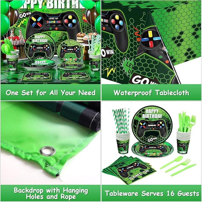 Tatuo 152 Pieces Video Game Birthday Party Supplies Gamer Party Table Cover Happy Birthday Backdrop Banner Tableware Balloons Sets for Boys Men Theme Party Decoration