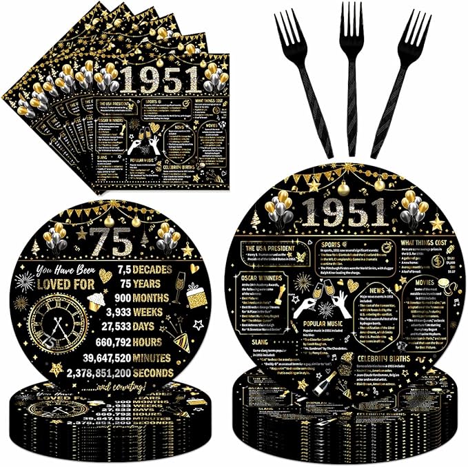 96PCS 75th Birthday Plates and Napkins Party Supplies 75th Birthday Decorations for Women Men 75th Anniversary Decorations Cheers to 75 Years Vintage 1951 Tableware Sets Serve 24 Guests