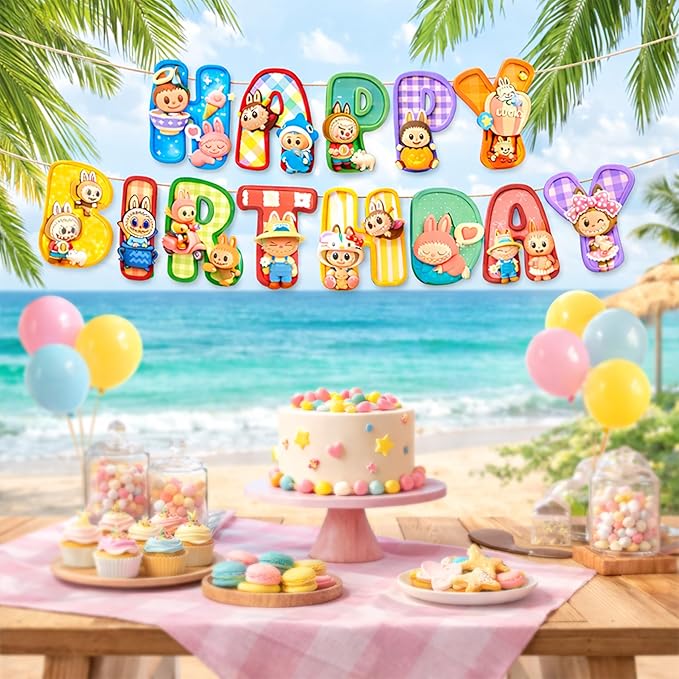 IndoTribe Pink Happy Birthday Banner - Pre-Strung,No DIY Cute Cartoon Theme Happy Birthday Sign Birthday Decorations for Girls Reusable Happy Bdy Backdrop for Women