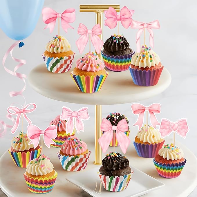 24PCS Coquette Bow Cupcake Toppers, Pink Bows Coquette Birthday Cake Decorations for Bachelorette Bridal Engagement Wedding Girl Baby Shower Bow Theme Party Décor