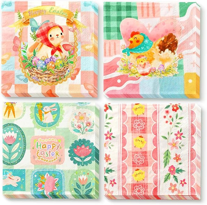 Easter Napkins 24PCS, Pink Green Bunny Floral Paper Napkins, 3-Ply Disposable Happy Easter Napkins for Spring Holiday Party Baby Shower Wedding Birthday Table Napkins Decorations