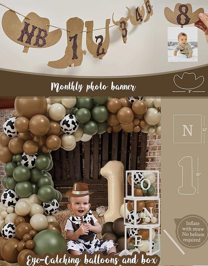 Western Cowboy 1st Birthday Decorations, My First Rodeo Birthday Party Supplies, Cowboy Balloon Arch Backdrop High Chair Banner ONE Box for Boys One Year Old Party