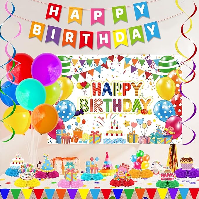 Birthday Decorations Kit, Happy Birthday Party Banner, Happy Birthday Backdrop, Honeycomb Balls, Metallic Hanging Swirls, Colorful Rainbow Party Decorations, Centerpieces for Tables(Colorful Birthday)