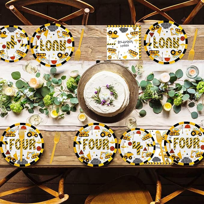 118 Pcs Construction 4th Birthday Decor Construction Four Years Old Paper Dinner Plates Napkins Forks Cups Tablecloth Banner Dinnerware for Dump Truck Theme Fouth Bday Party Supplies Decorations