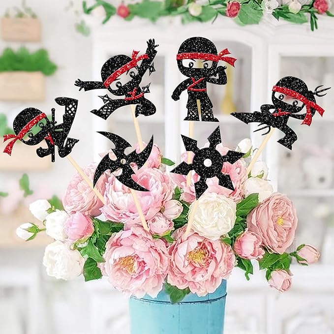 12 PCS Ninja Centerpiece Sticks Double Sided Darts Martial Arts Karate Kung Fu Warriors Table Flower Centerpieces for Ninja Theme Baby Shower Kids Birthday Party Flower Decorations Supplies
