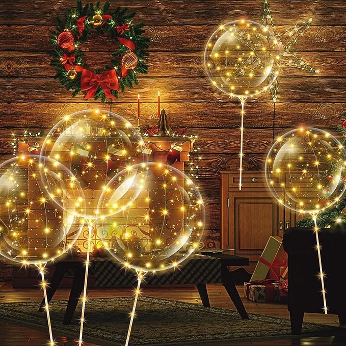LED Balloons Light, 10 Pack LED Balloons with Sticks, 20 Inch Clear Bobo Balloon with Lights Helium Glow Bubble Lights for Party Supplies Valentines Decor (Warm)