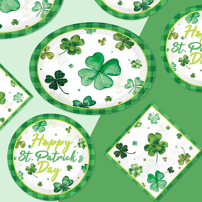 150 Pcs St. Patrick's Day Party Decorations Green Shamrock Oval Plates and Napkins Disposable Lucky Shamrock Clover Tableware Set for Irish St. Patrick's Day Holiday Party Supplies Serves 50