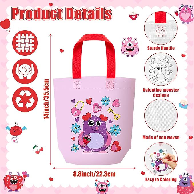 Valentine's Day Coloring Goodie Bag for Kids - 24Pcs Cute Monster Bulk Color Your Own Gift Bag with Handle Happy Valentine's Day Reusable Coloring Non Woven Tote Bag for DIY Painting Craft Party Favor