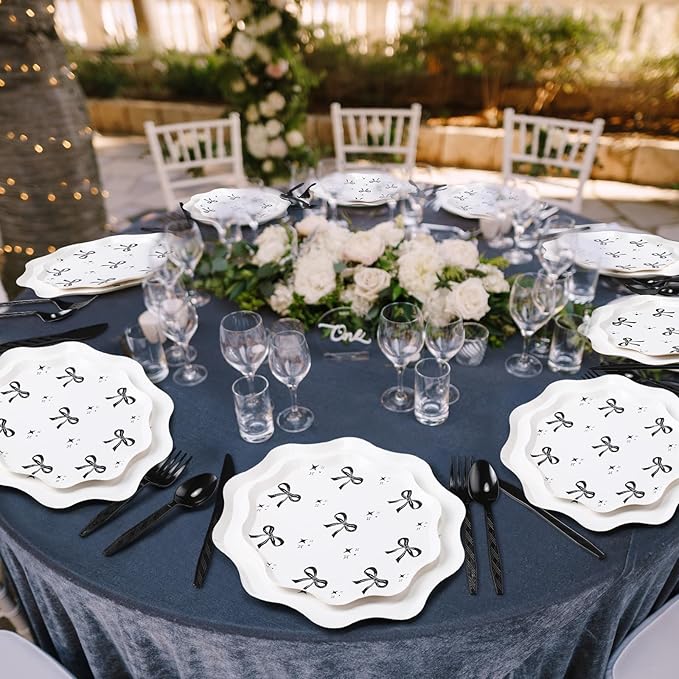 350 Pcs Bow Black Party Supplies Tableware Set Disposable 9'' 7'' Paper Plates 9 oz Cups Cutlery Napkins Dinnerware Set for 1st Birthday, Serve 50 (Bow, Black)