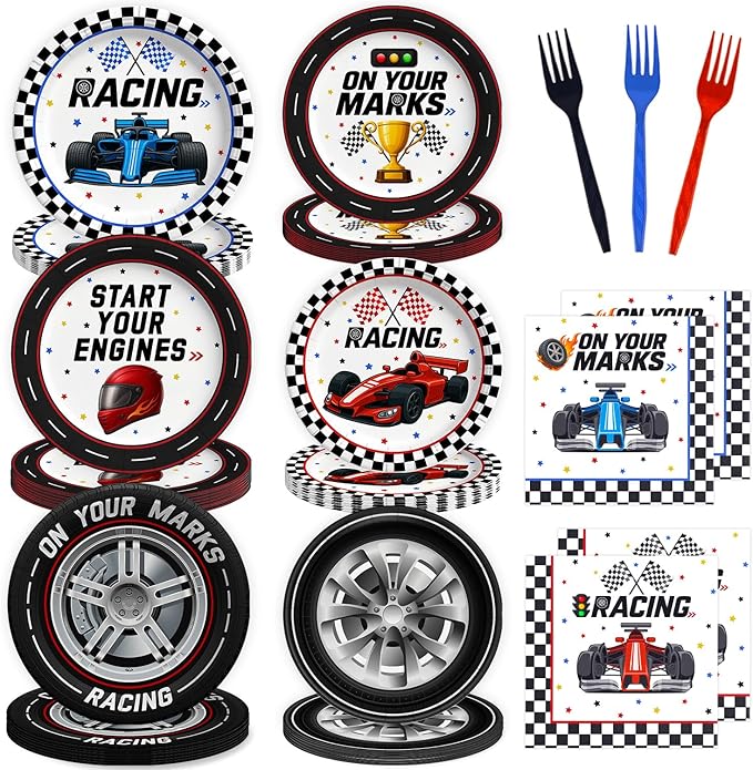 96 Pcs Race Car Birthday Party Decorations (Serves 24), All-in-1 Cars Decorations Supplies Include Include Plates Napkins Forks for Race Day