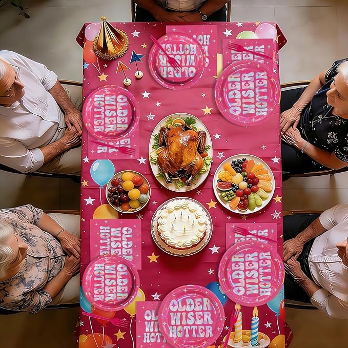 96Pcs Older Wiser Hotter Party Supplies Hot Pink Theme Plates and Napkins Happy Birthday Tableware Set for Women Rose Red Birthday Retirement Party Decorations Serves 24