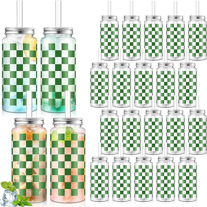 Patelai 24 Pack Sage Green Gingham Cups 13.5 oz Clear Green Checkered Plastic Cups with Lid and Straw Reusable Plastic Plaid Tumbler for Baby Shower Wedding Birthday Bachelor Party Supplies