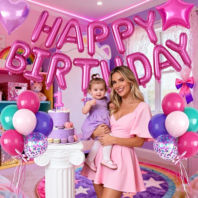29PC Pink Purple Happy Birthday Balloon Banner, 16Inch 3D Aluminum Letter Banner Sign, Purple Hot Pink Teal Blue Confetti Balloons 18 Inch Heart Star Foil Balloon for Women Party Supply