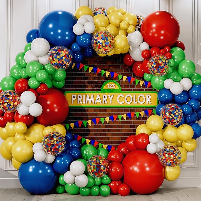 ALL-IN-1 Lego Balloon Arch Kit & Garland – Red, Blue, Green Balloons in Small & Large Sizes – Primary Colors for Circus, Carnival, Rainbow, Boys Birthday Party Supplies & Decorations