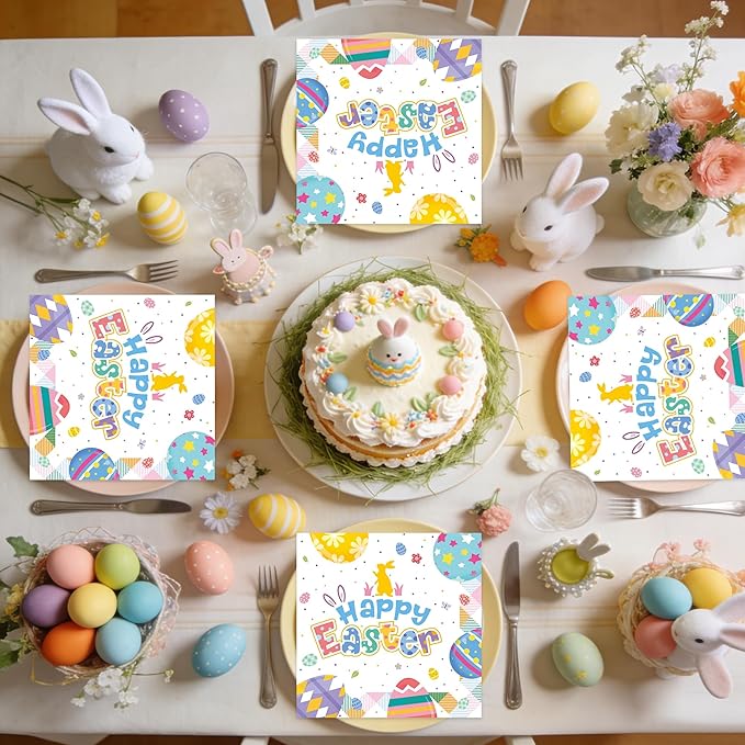 50Pcs Happy Easter Paper Napkins - Cartoon Colorful Eggs Bunny 13 x 13 Inches Luncheon Napkins Disposable Dessert Dinner Hand Napkins for Easter Birthday Party Supplies