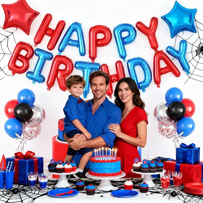 29PC Blue and Red Happy Birthday Balloon Banner, 16Inch 3D Aluminum Letter Banner Sign, Red Blue and Silver Balloons 18 Inch Star Foil Balloon for Women, Men Party Supply