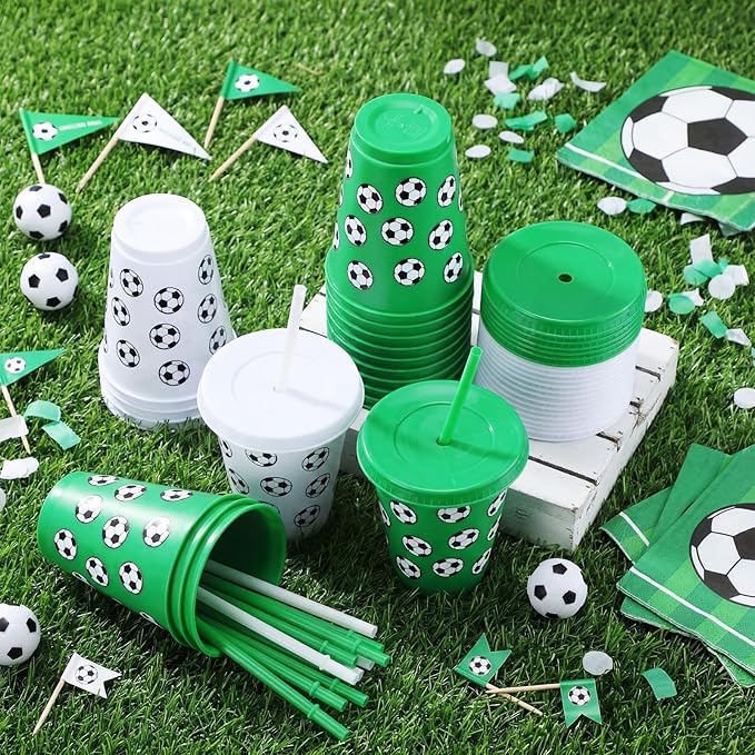 Sieral 30 Pcs Soccer Cups with Straws and Lids 16 oz Soccer Cups White Green Plastic Tumblers Reusable Iced Coffee Travel Mug for Sport Theme Party Supplies Decorations