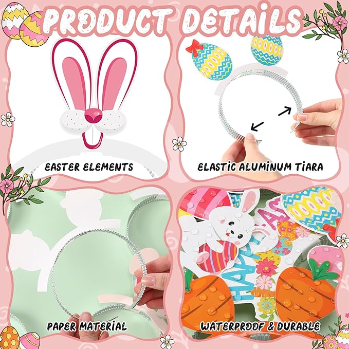 24 Pcs Easter Paper Headbands Colorful Eggs Bunny Headwear Rabbit Chick Head Boppers for Spring Easter Costume Party Favors Supplies Decoration Basket Stuffers Photo Booth Props
