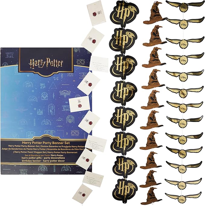 Harry Potter Gifts Garland Decorations Set of 4 Party Banners 4.9 Ft Golden Snitch Letters Sorting Hat Wall Decor Birthday Party Supplies Room Decor (Multi Banners, 40 Pieces)