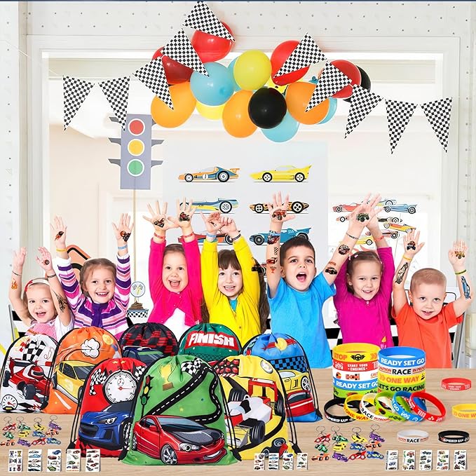 Winrayk 12 Sets Race Car Party Favors Birthday Supplies Racing Drawstring Bags Luminous Tattoo Stickers Boys Kids Racing Gifts Toys Goodie Bag Stuffers Filler Race Car Themed Birthday Party Supplies