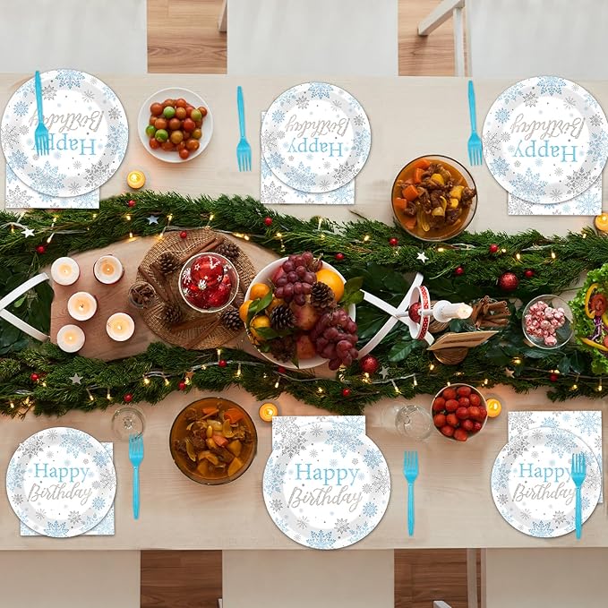 96PCS Winter Birthday Party Decorations Snowflake Paper Plates and Napkins Winter Wonderland Baby Shower Decoration Silver Blue White Christmas Party Supplies Disposable Snow Flakes Tableware Serve 24