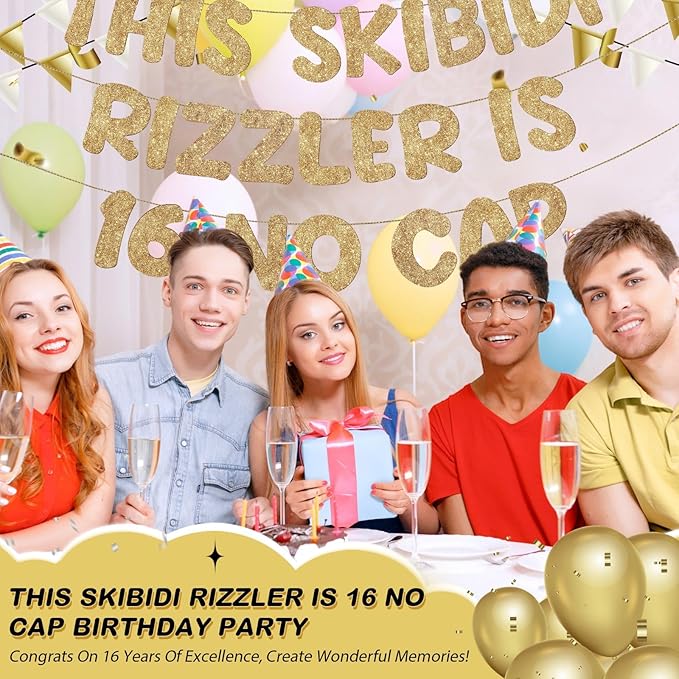 Fulmoon Pre Strung This Skibidi Rizzler Is 16 No Cap Glitter Banner 16th Birthday Party Decorations, Funny Birthday Sign, Party Supplies, Ideas, Gifts, Champagne Gold